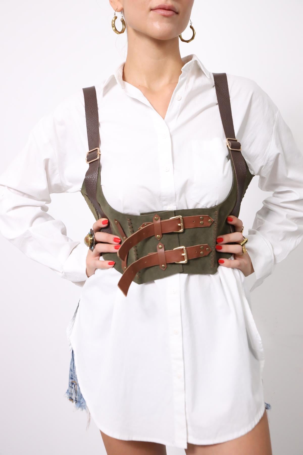  Haki Kemerli Süet Deri Korse