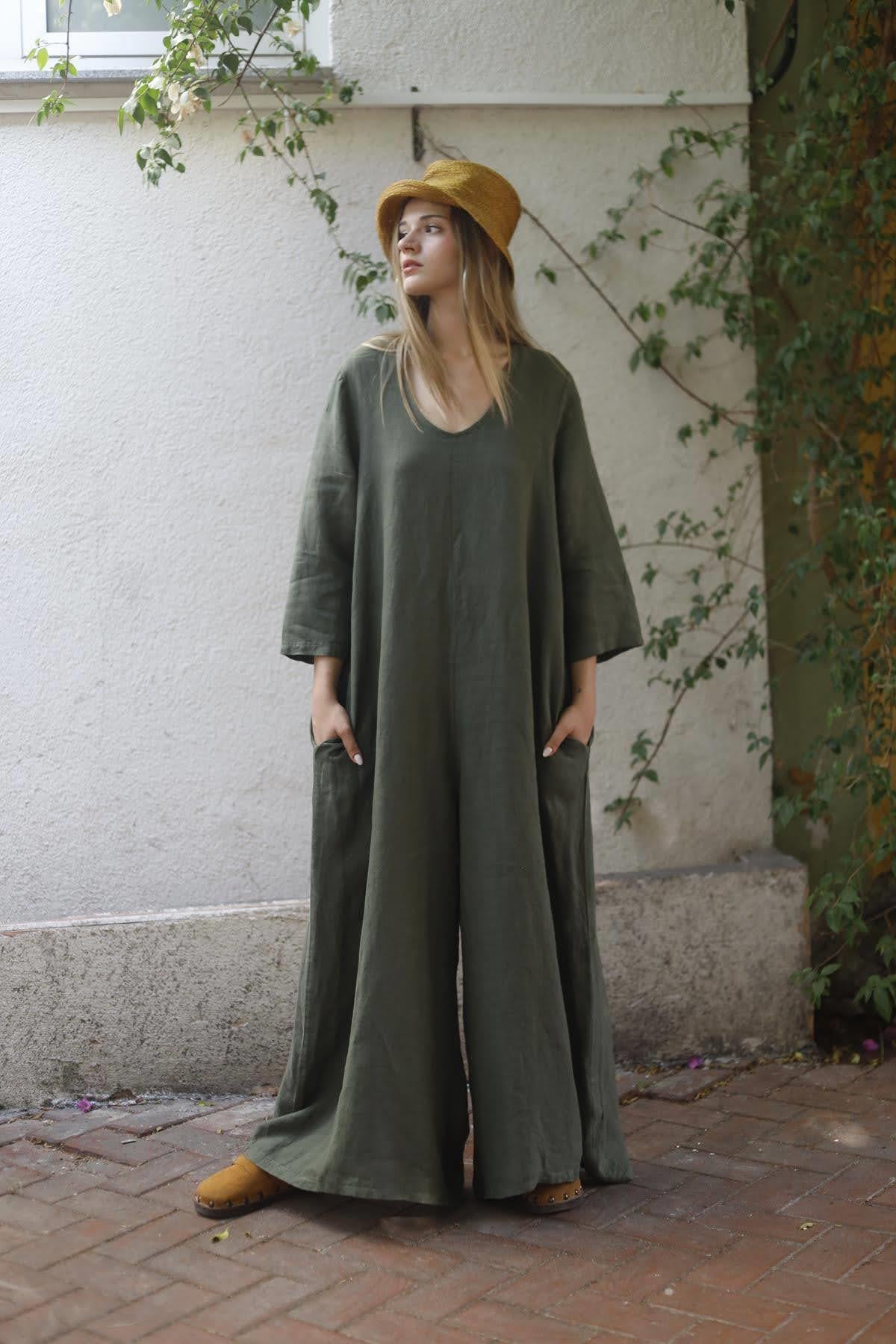 Khaki Wide Neck Back Detailed Linen Jumpsuit