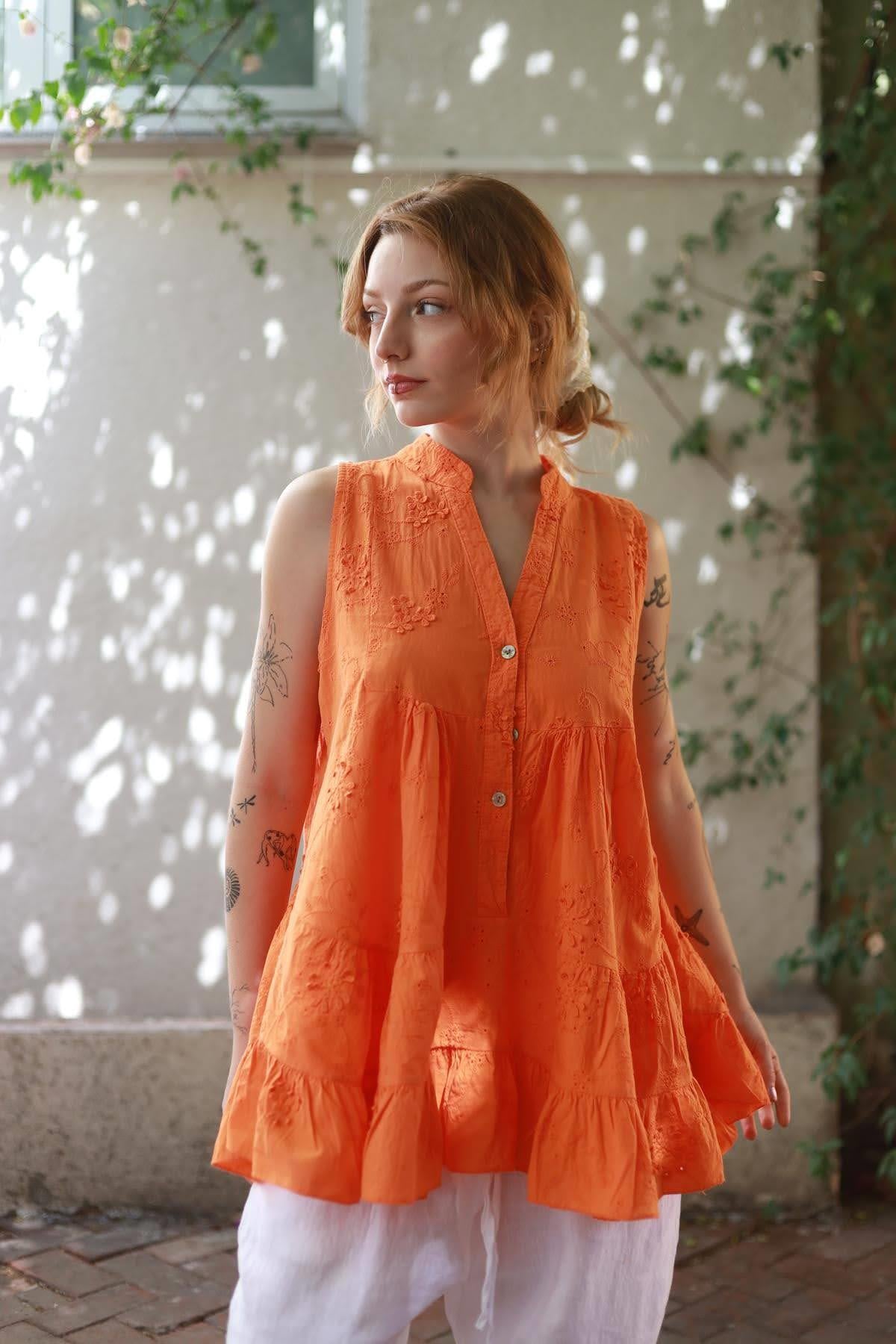 Orange Floral Embroidered Short Tunic