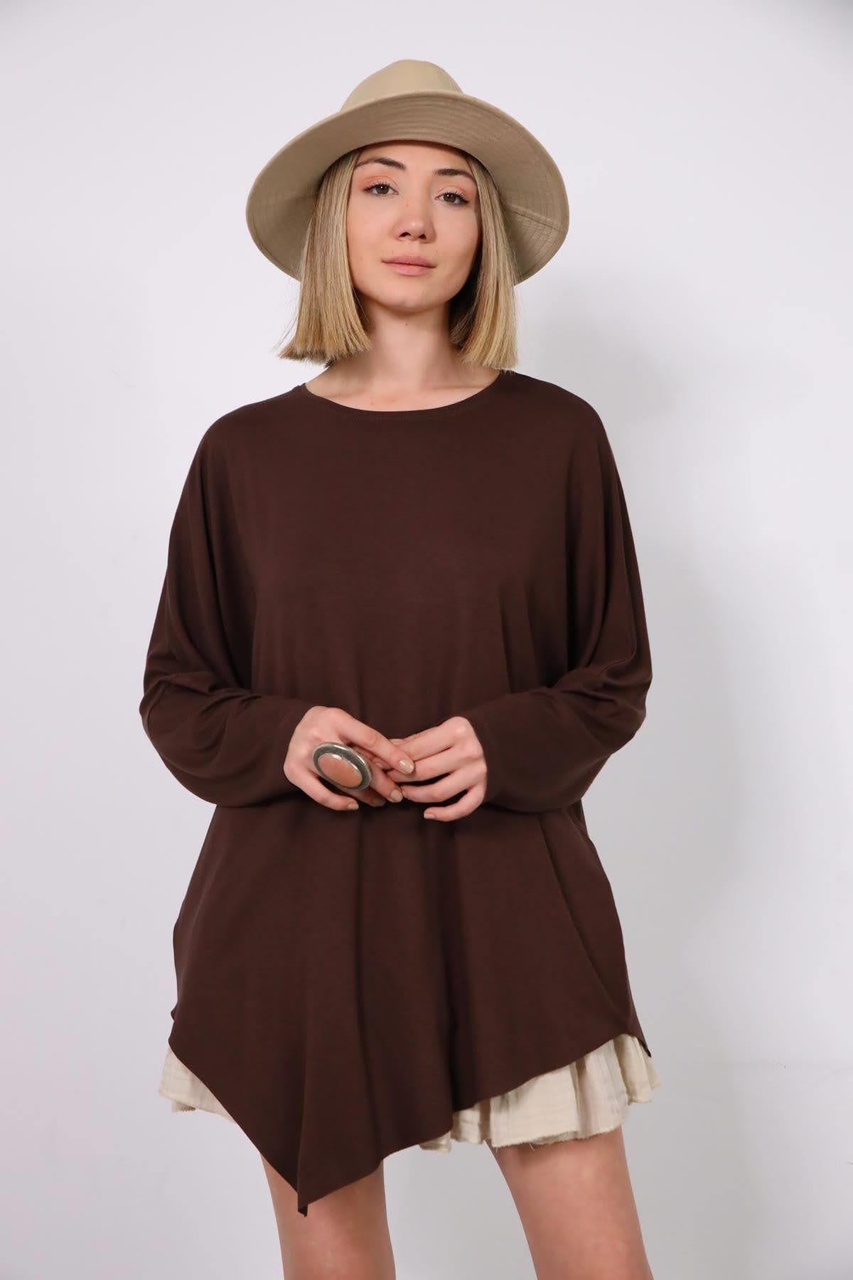 Kahverengi Bisiklet Yaka Asimetrik Tunik - Şaman Butik Kahverengi Bisiklet Yaka Asimetrik Tunik