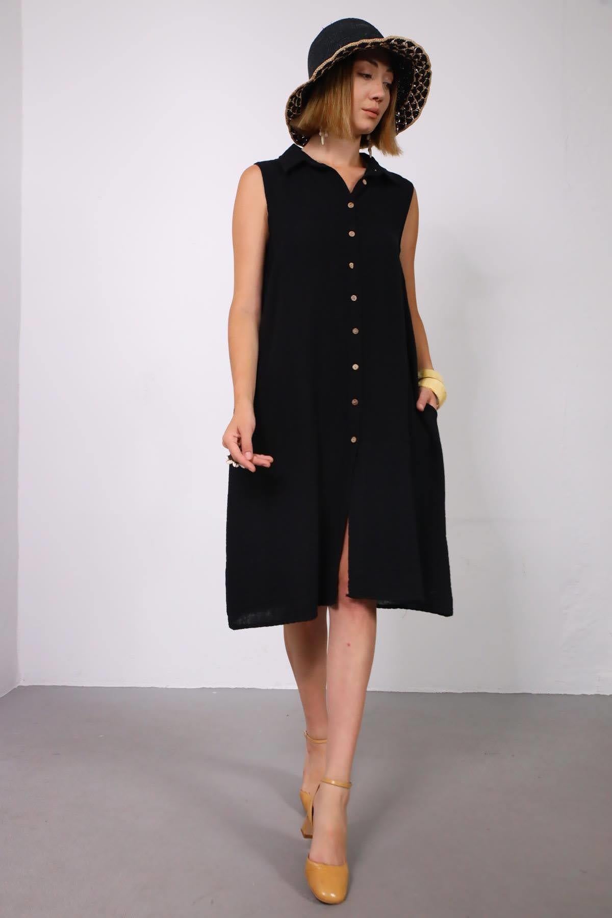 Siyah Kolsuz Gömlek Elbise - Şaman Butik Siyah Kolsuz Gömlek Elbise