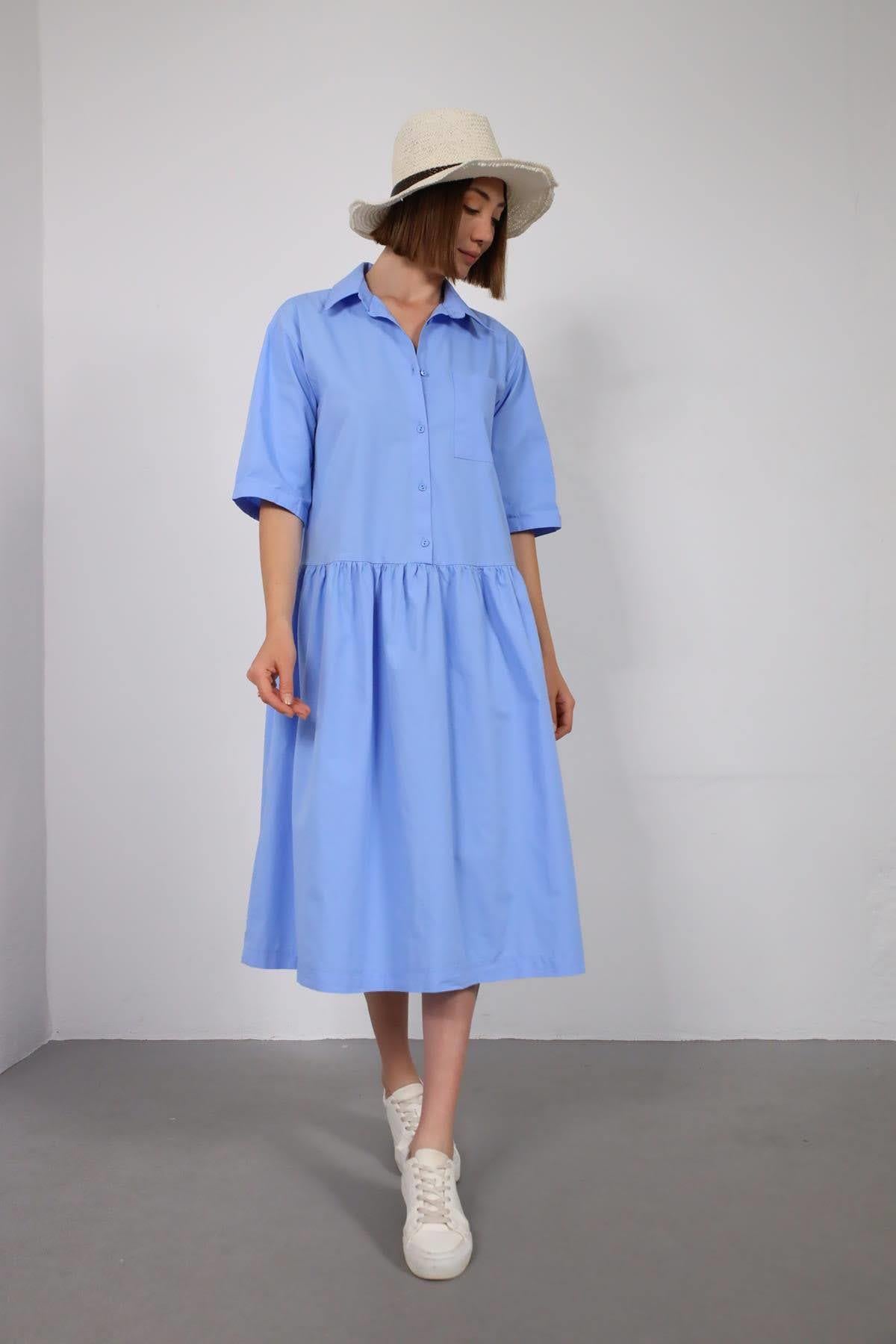 Mavi Kolu Kısa Yarım Düğmeli Gömlek Elbise - Şaman Butik Mavi Kolu Kısa Yarım Düğmeli Gömlek Elbise