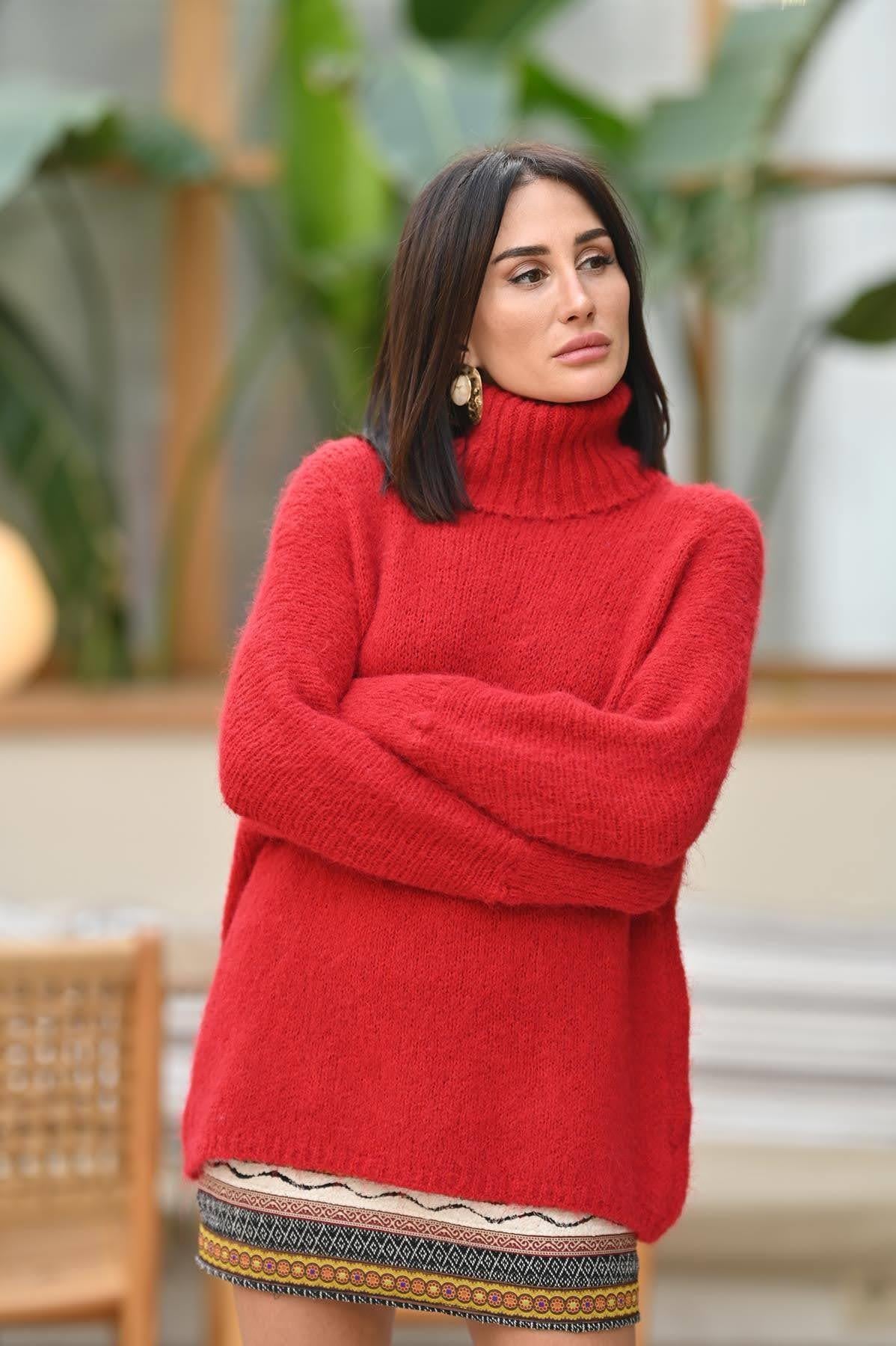 Kırmızı Boğazlı Kolları Ribanalı Kazak