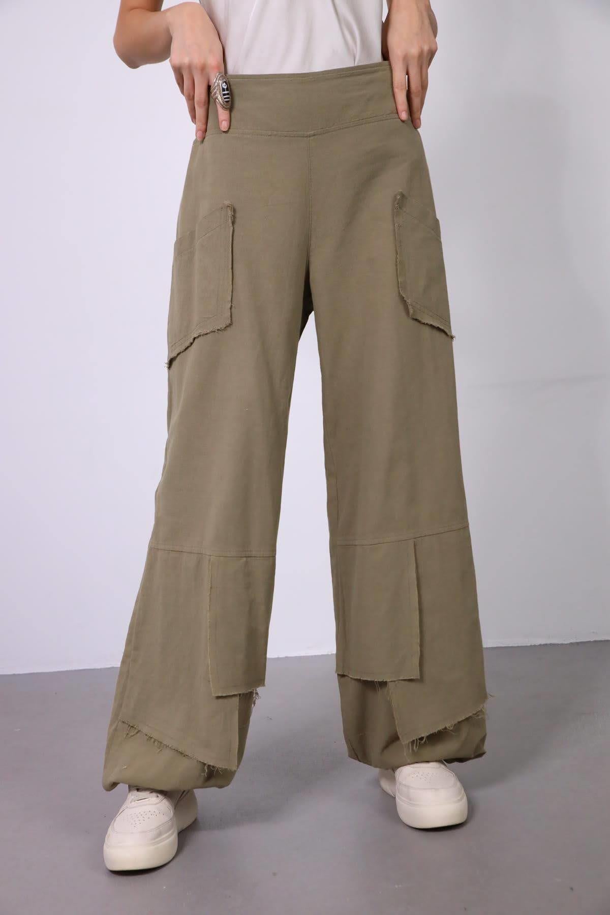 Khaki Stitched Pockets Trousers - Saman Butik | Shop Online Khaki Stitched Pockets Trousers