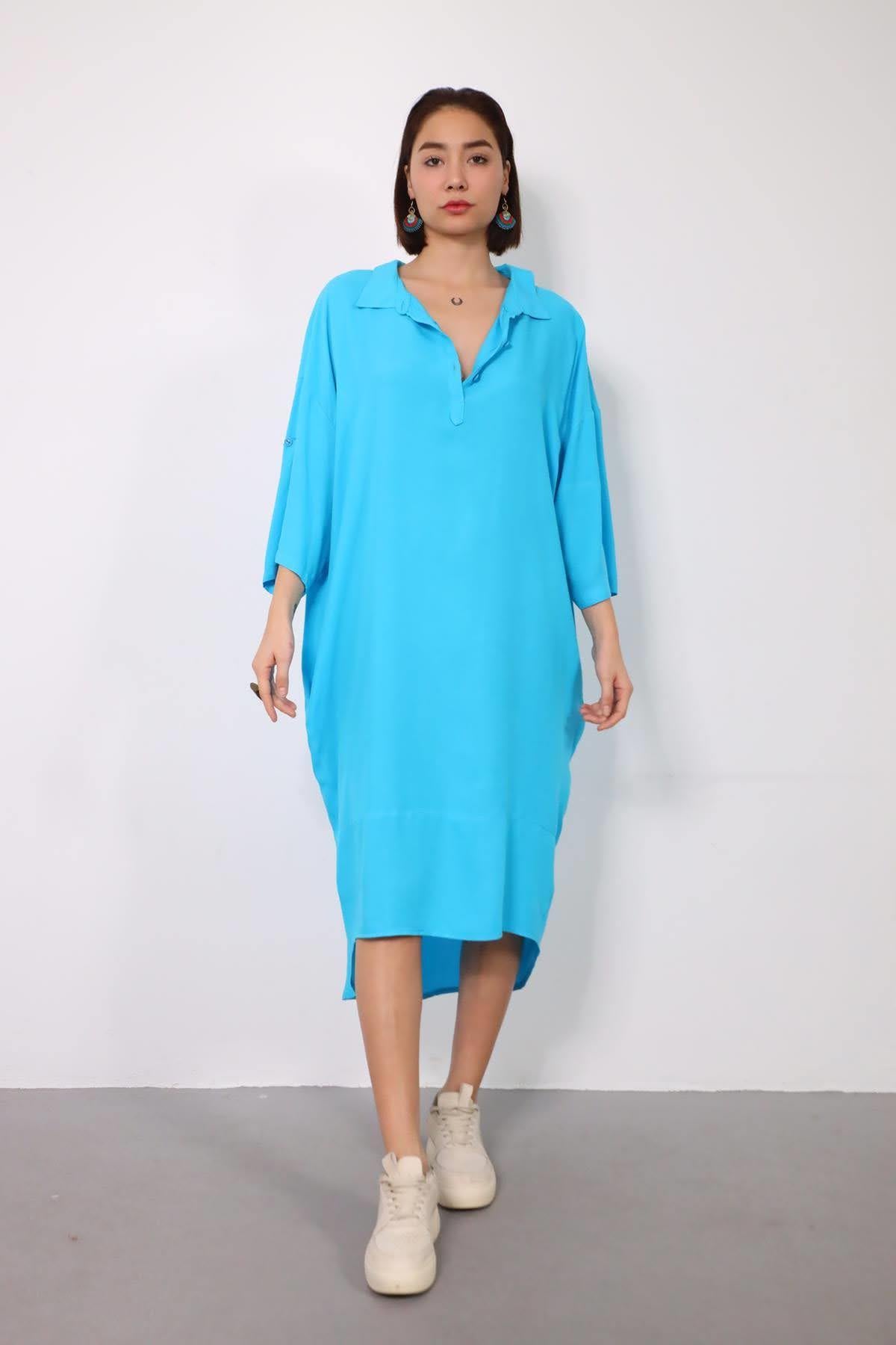 Turkuaz Arkası Halkalı Elbise - Şaman Butik Turkuaz Arkası Halkalı Elbise