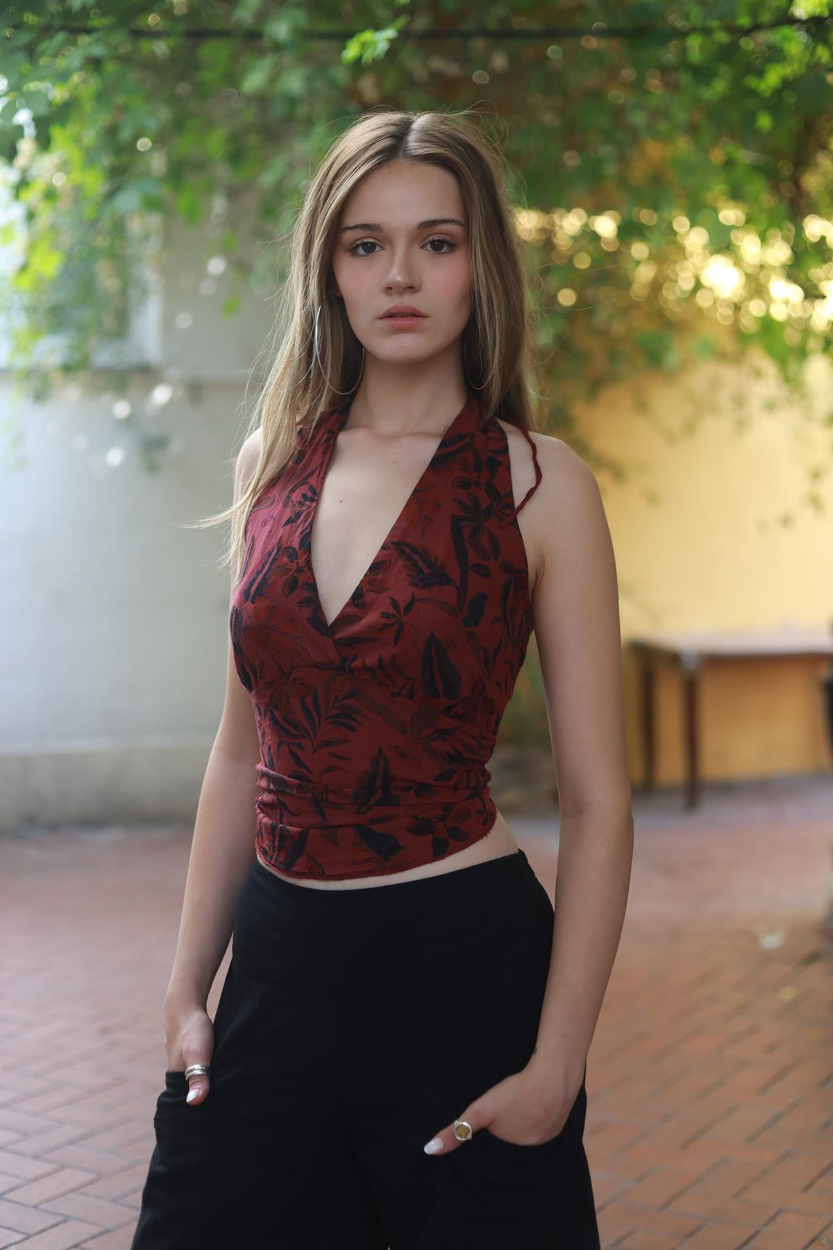 Bordo Desenli Bulmaca Bluz