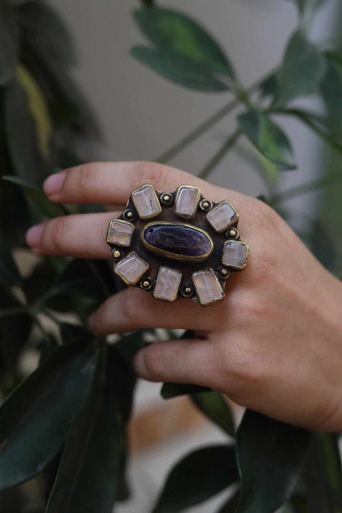 Bronze Natural Stone Detailed Big Ring