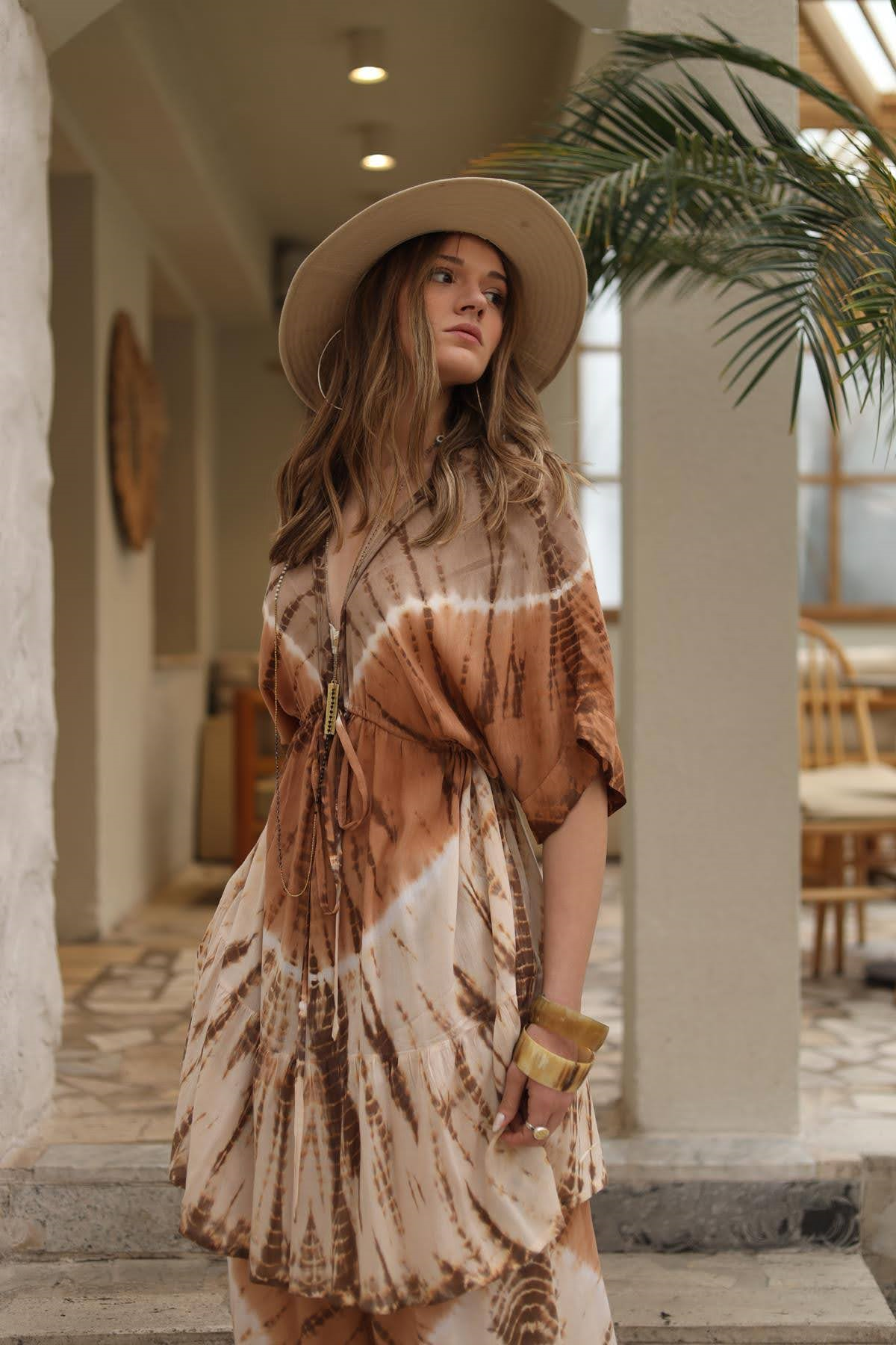 Cream Color Tie Dye V Neck Tunic