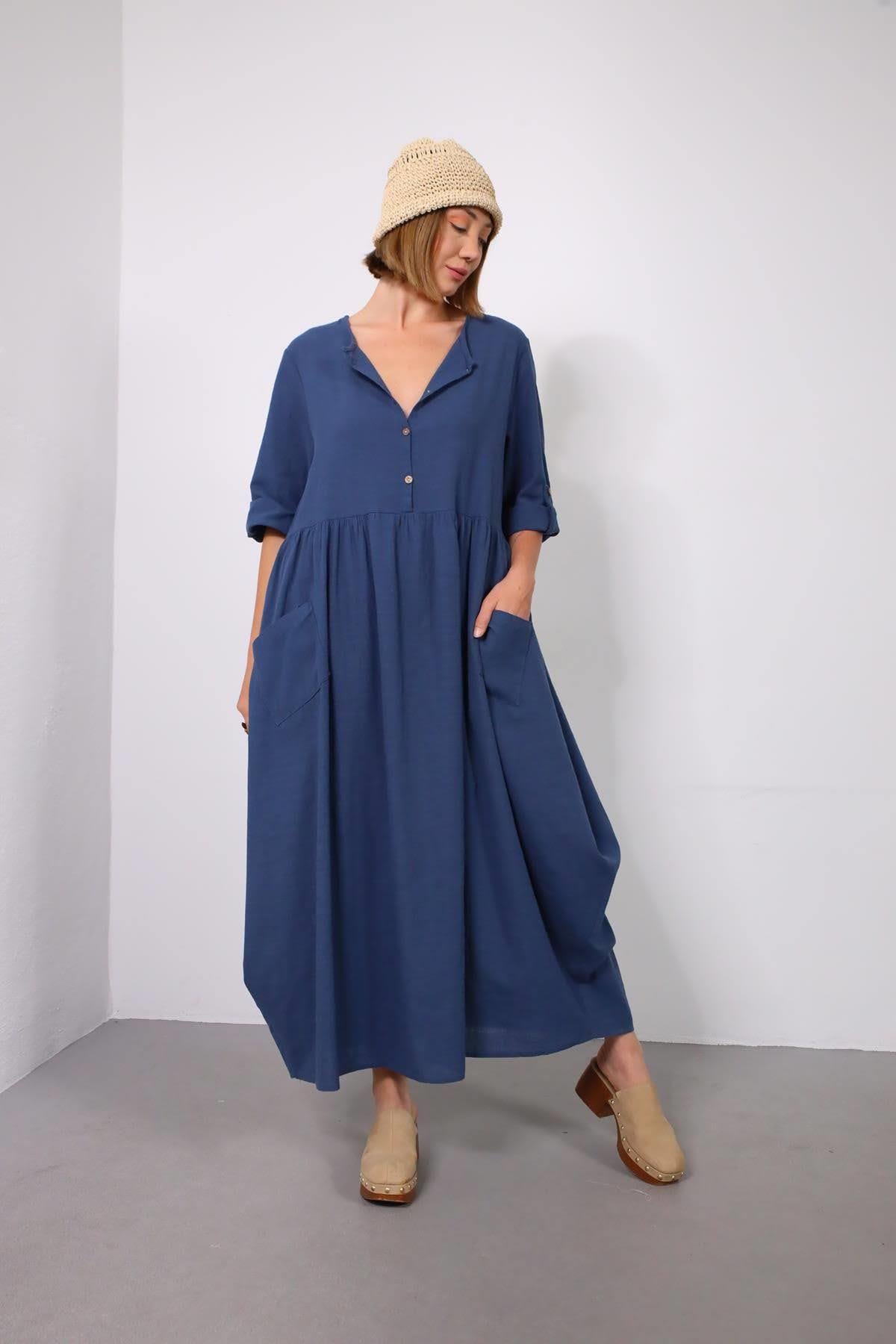 Petrol Mavisi Yakası Düğmeli Çift Cepli Keten Balon Elbise - Şaman Butik Petrol Mavisi Yakası Düğmeli Çift Cepli Keten Balon Elbise