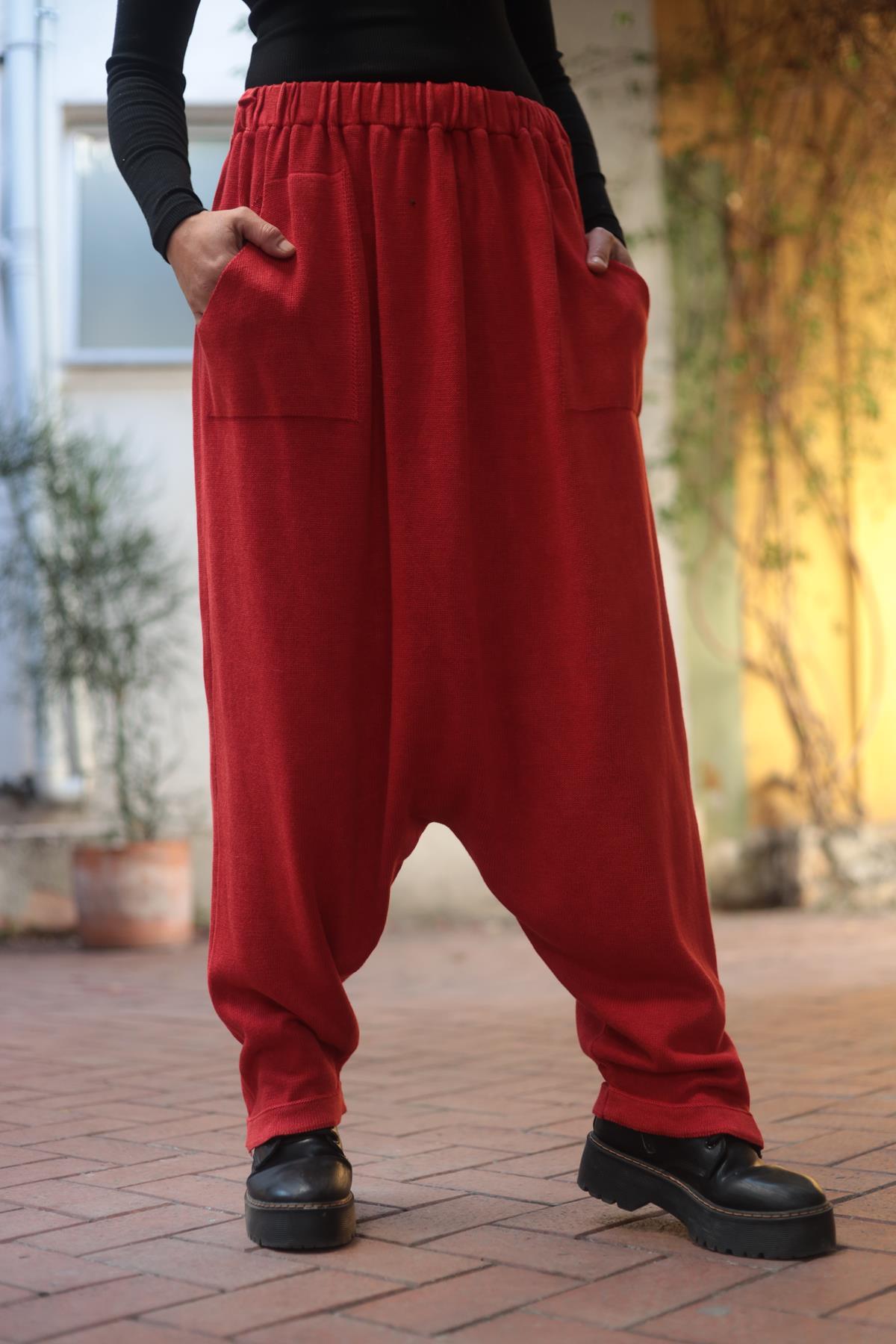 Kırmızı Yıkamalı Triko Şalvar