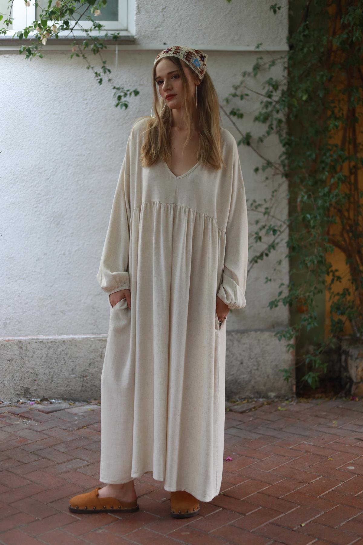 Krem Rengi V Yaka Kolları Büzgülü Keten Elbise