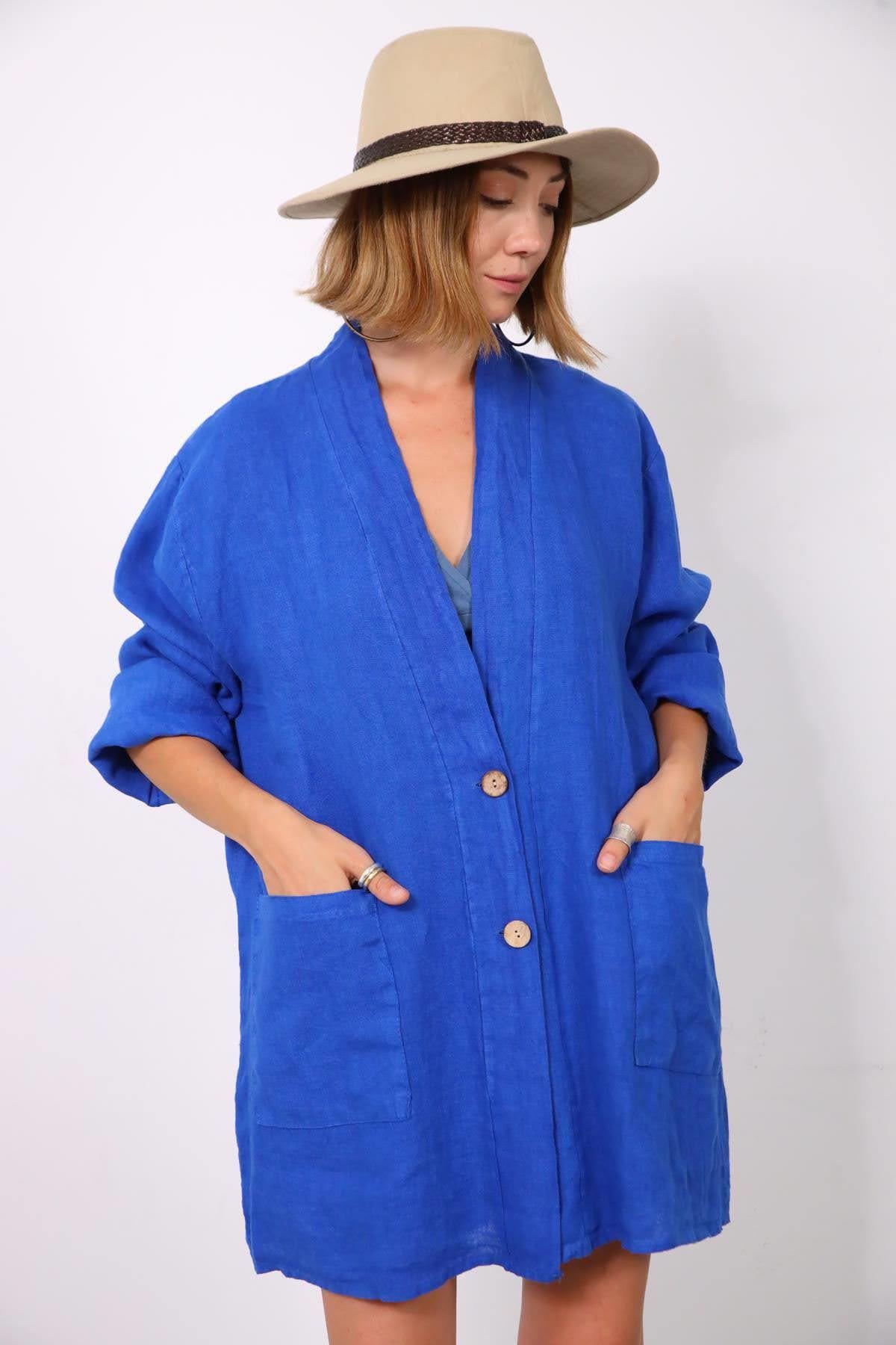 Saks Mavisi Çift Cepli Keten Ceket - Şaman Butik Saks Mavisi Çift Cepli Keten Ceket