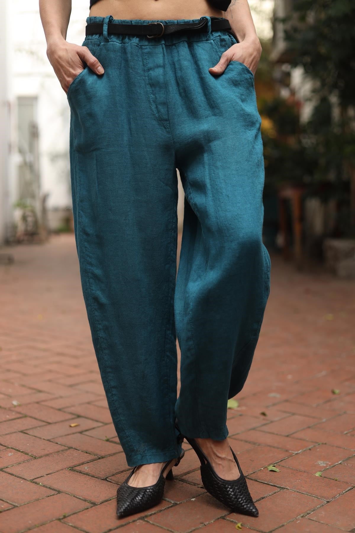 Petrol Mavisi Dikiş Detaylı Baggy Pantolon