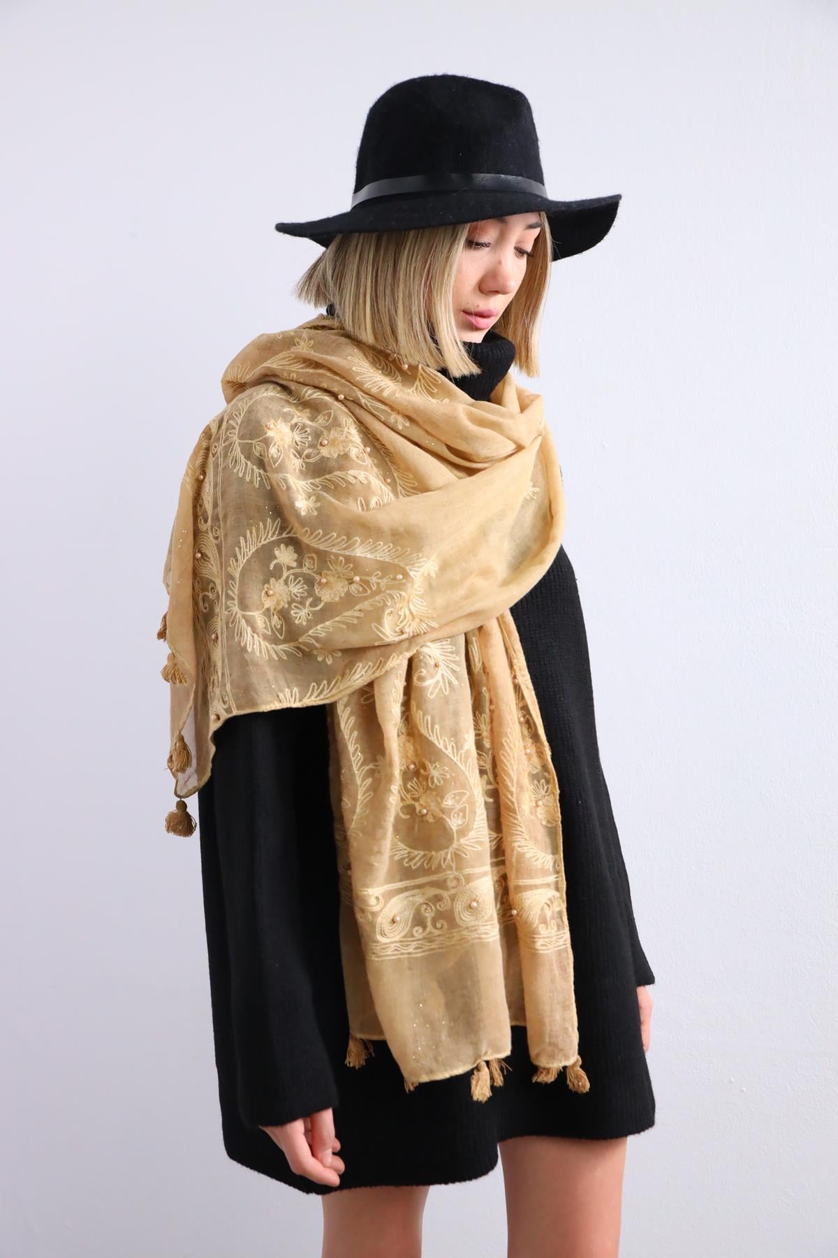 Camel Rengi Simli İnci İşlemeli Şal - Şaman Butik Camel Rengi Simli İnci İşlemeli Şal