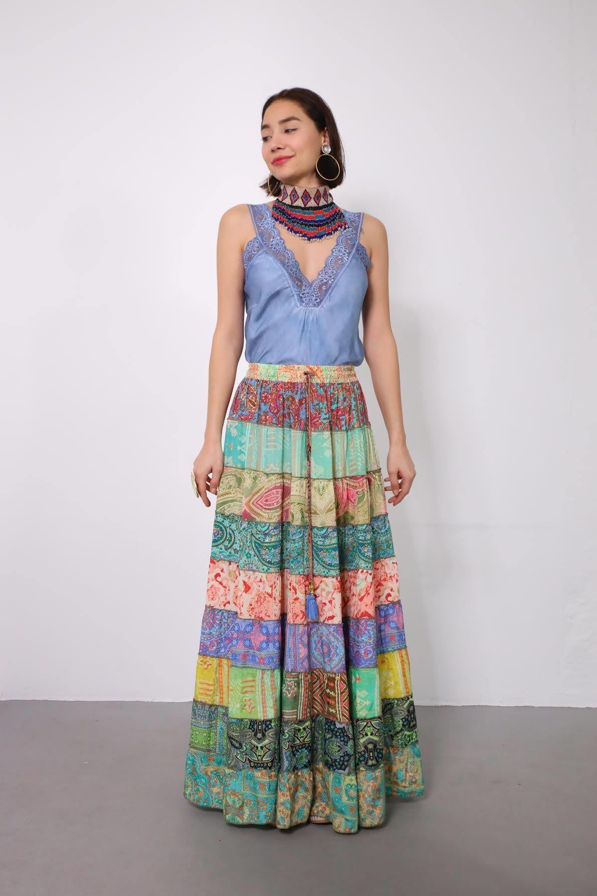 Renkli Patchwork Otantik İpek Etek - Şaman Butik Renkli Patchwork Otantik İpek Etek