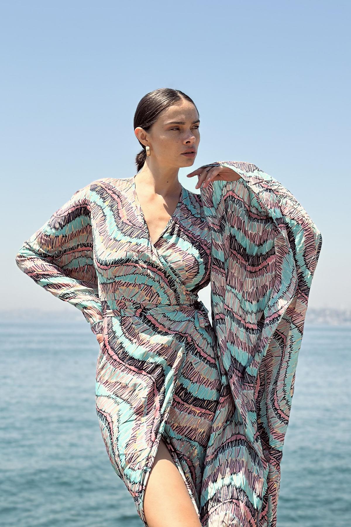 Turquoise Patterned Belted Silk Wrap Dress