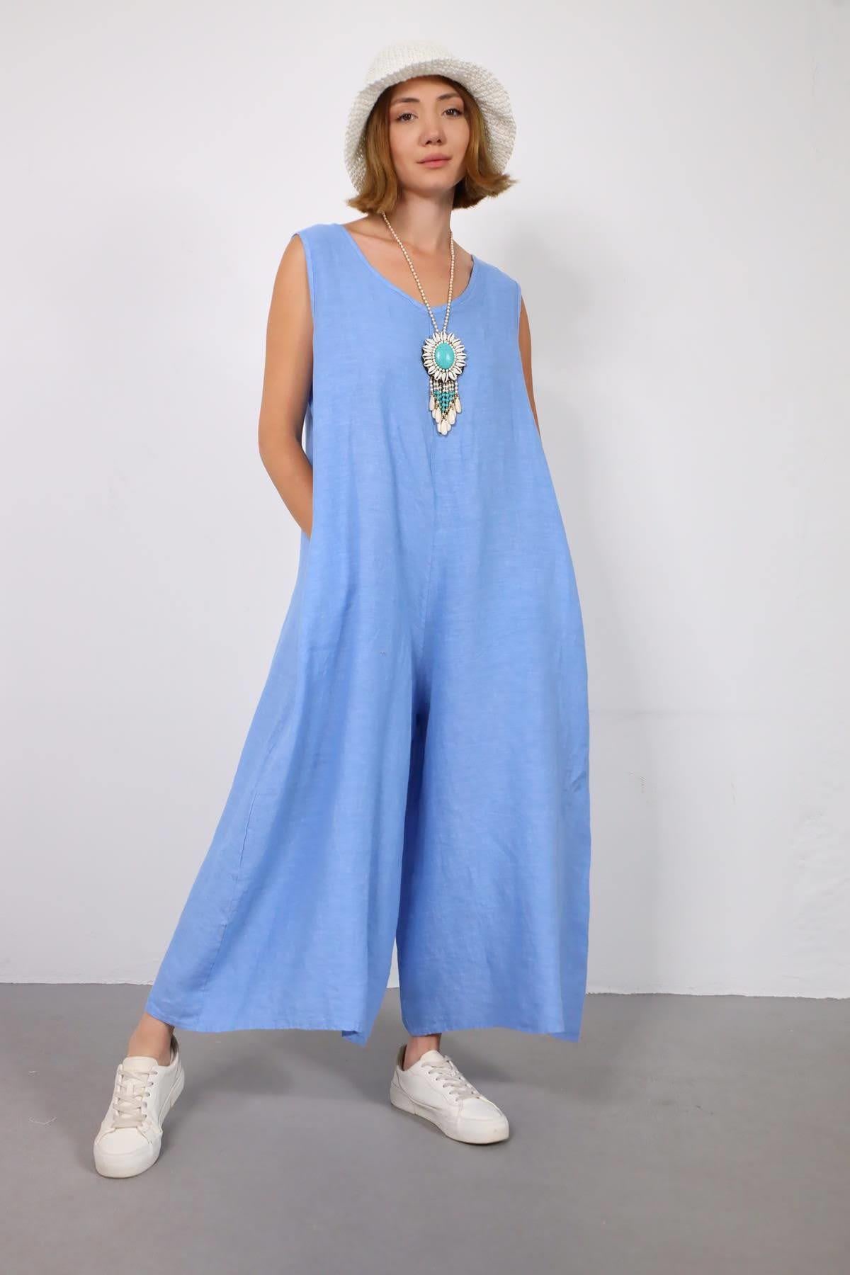 Mavi Sırtı Düğmeli Düşük Ağlı Keten Tulum - Şaman Butik Mavi Sırtı Düğmeli Düşük Ağlı Keten Tulum