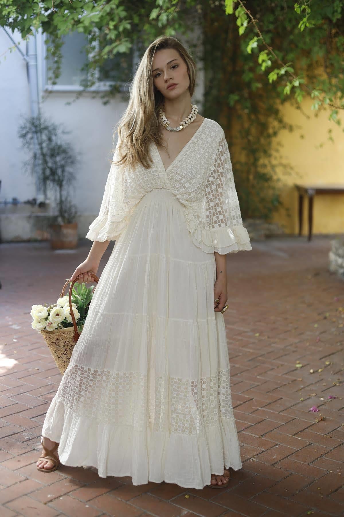 Ekru Güpür Detaylı Bohem Elbise