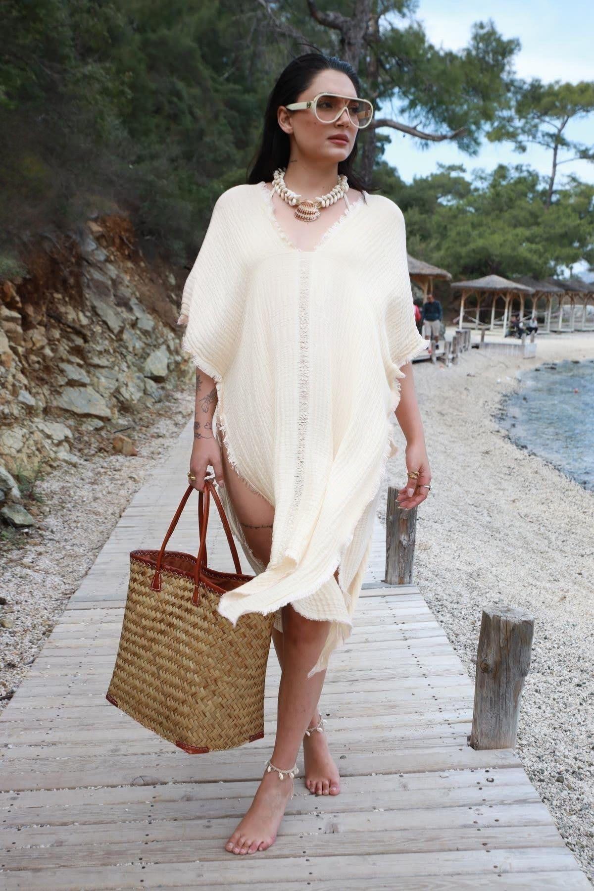 Ecru Front and Back V Ripped Detail Pareo