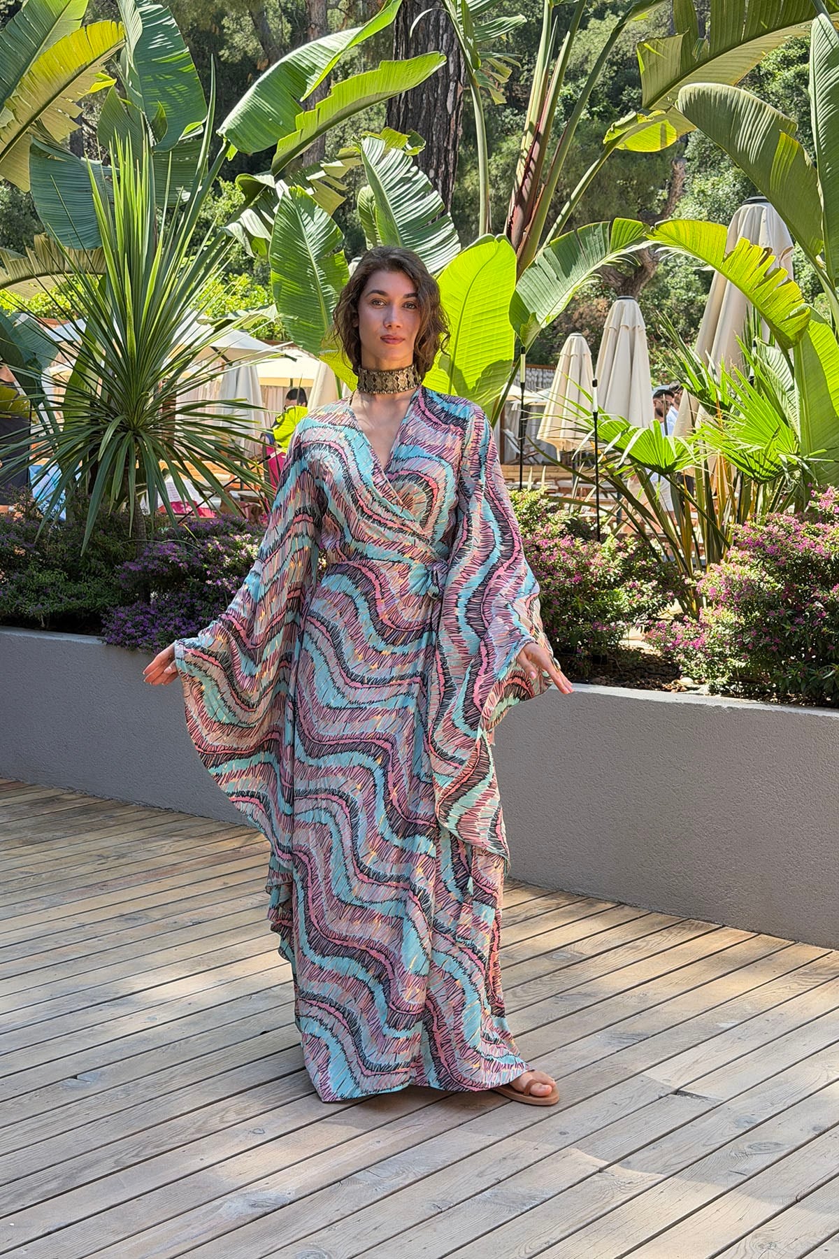 Turquoise Patterned Belted Silk Wrap Dress