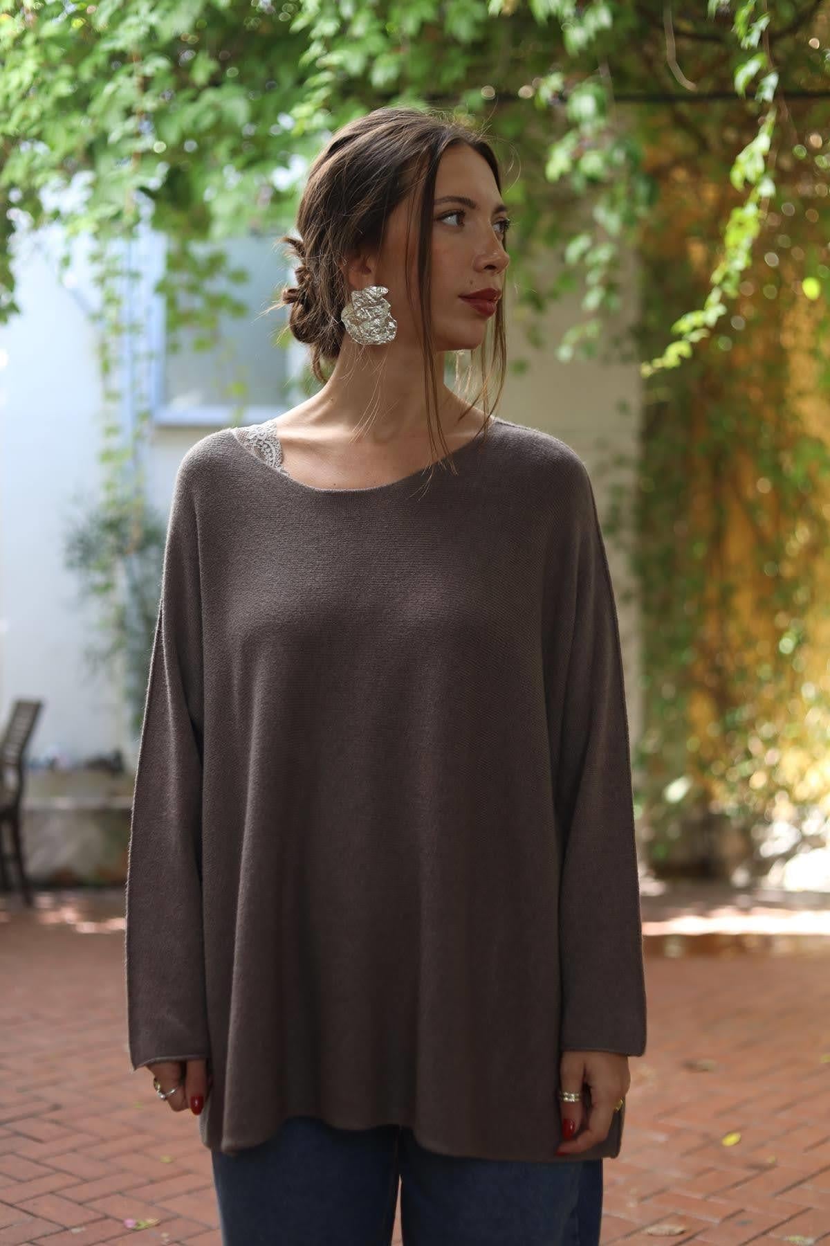 Koyu Vizon Bisiklet Yaka Dikişsiz Kazak