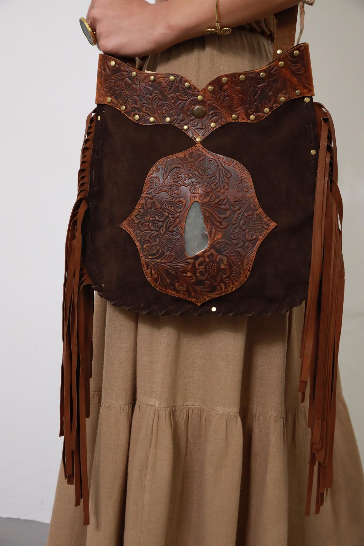 Brown Embossed Leather Detailed Suede Bag