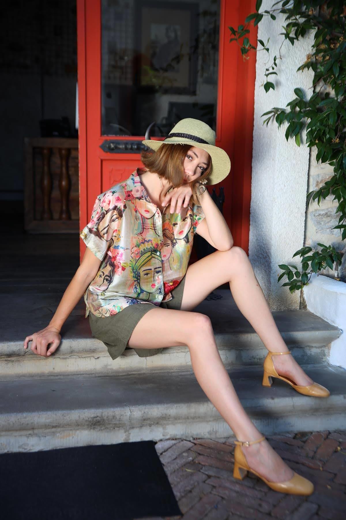  Krem Rengi Kadın Desenli Gömlek