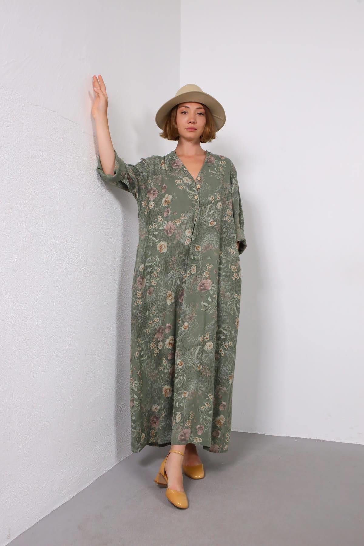 Haki Çiçekli Keten Elbise - Şaman Butik Haki Çiçekli Keten Elbise