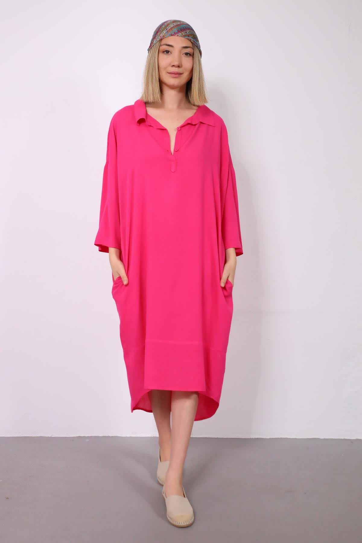 Fuşya Arkası Halkalı Elbise - Şaman Butik Fuşya Arkası Halkalı Elbise