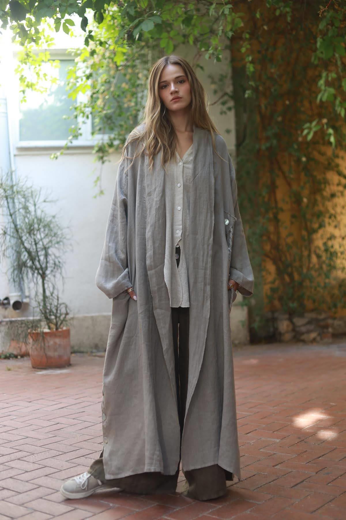Mink Color Button Detailed Linen Caftan