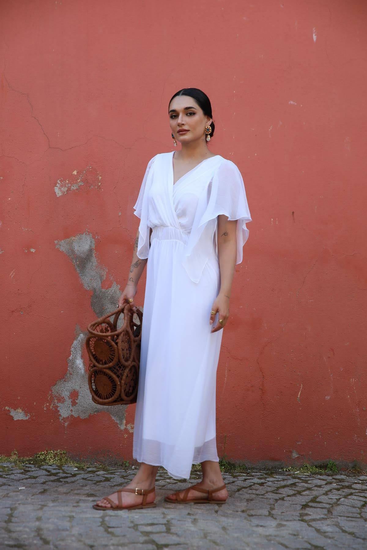 White Double Breasted Silk Dress