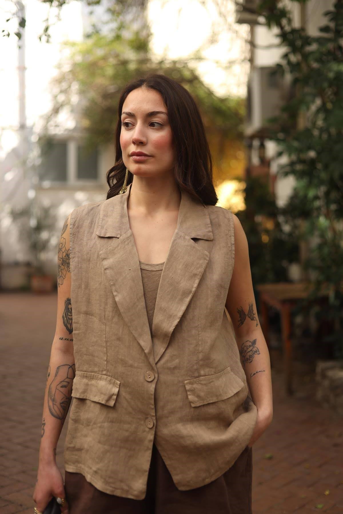 Camel Rengi Blazer Yaka Keten Yelek