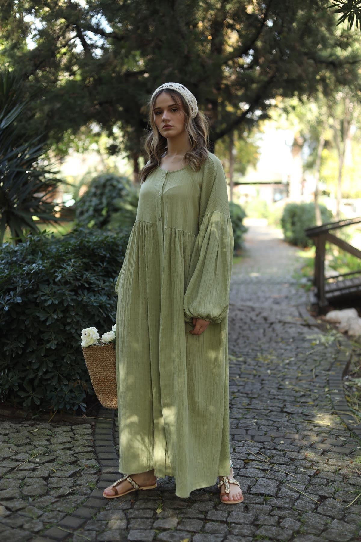 Mint Yeşili Balon Kol Gofre Gömlek Elbise