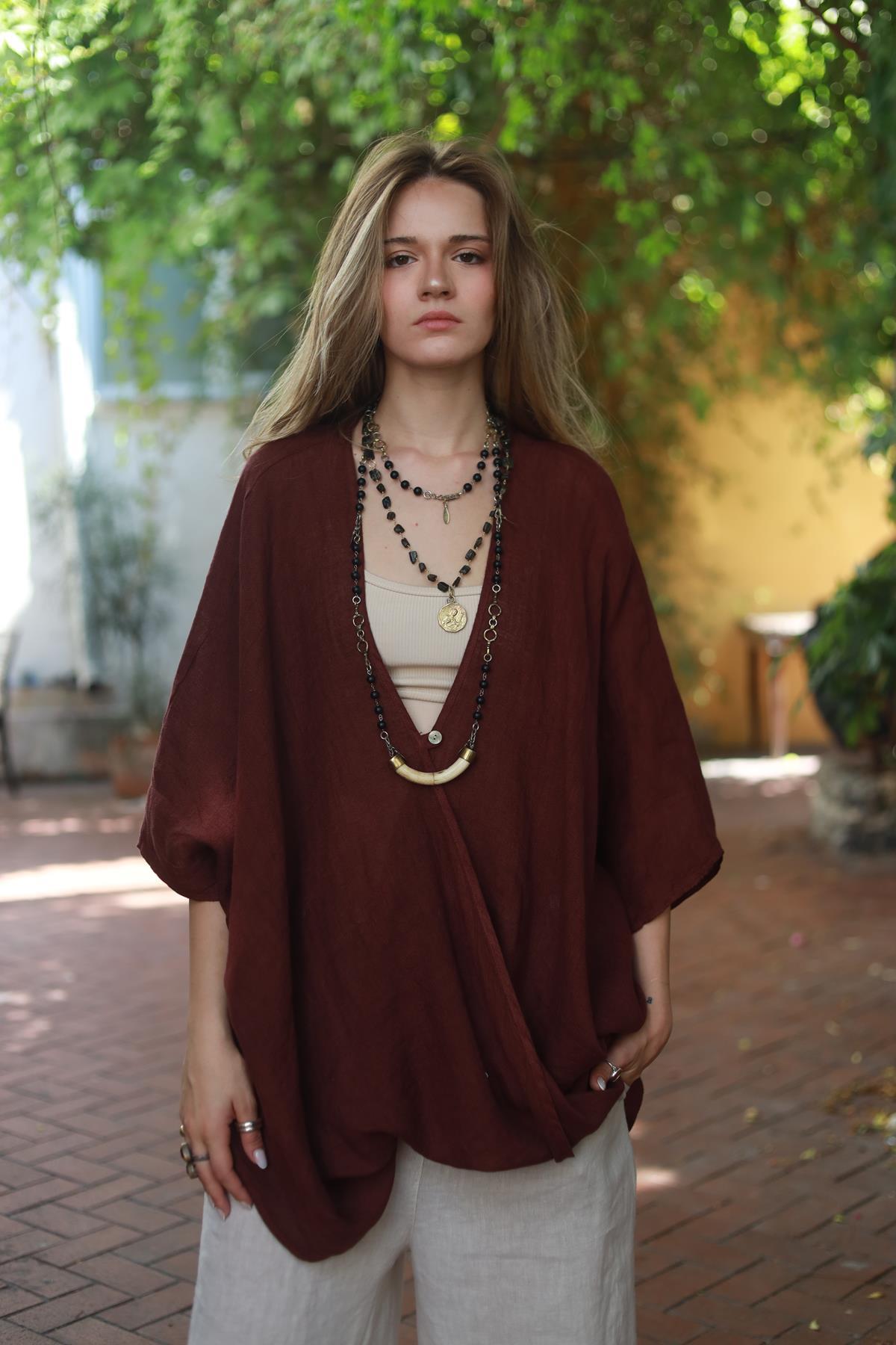 Bordo Tek Düğme Keten Judith Bluz