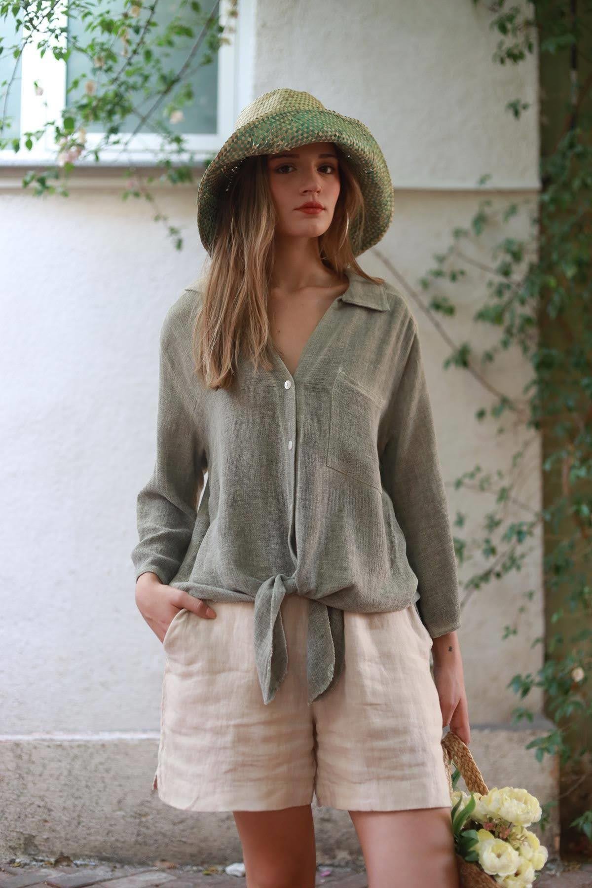 Khaki Pocket Detailed Linen Shirt