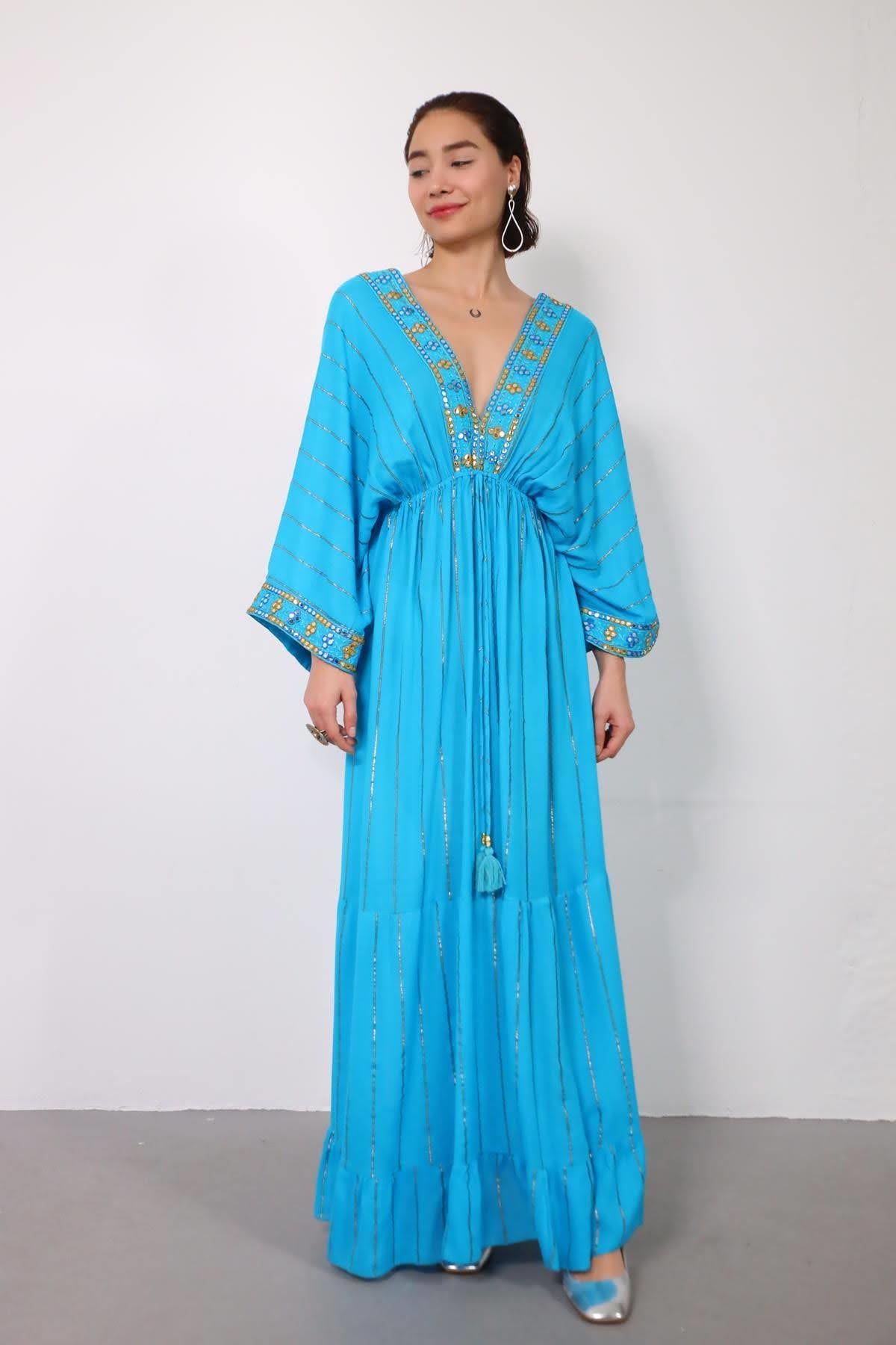 Mavi V Yaka Püsküllü Çizgili Otantik Elbise - Şaman Butik Mavi V Yaka Püsküllü Çizgili Otantik Elbise