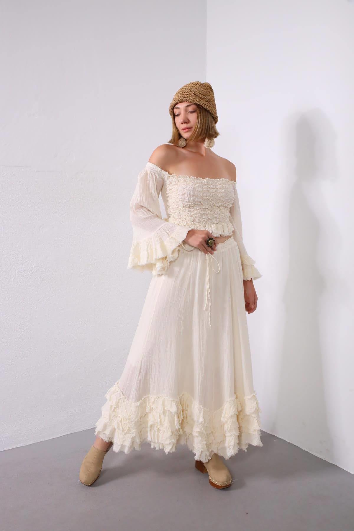 Ekru Beli İpli Asimetrik Volanlı Bohem Etek - Şaman Butik Ekru Beli İpli Asimetrik Volanlı Bohem Etek