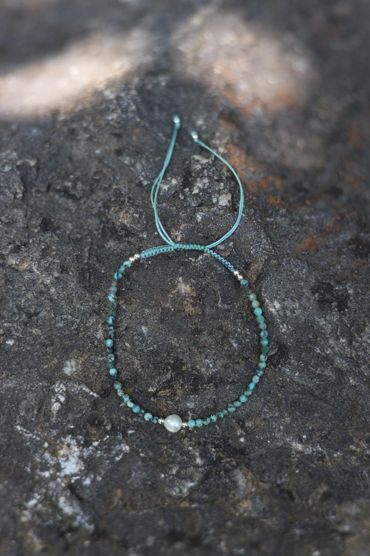 İnci Detaylı Turkuaz Gümüş Bileklik