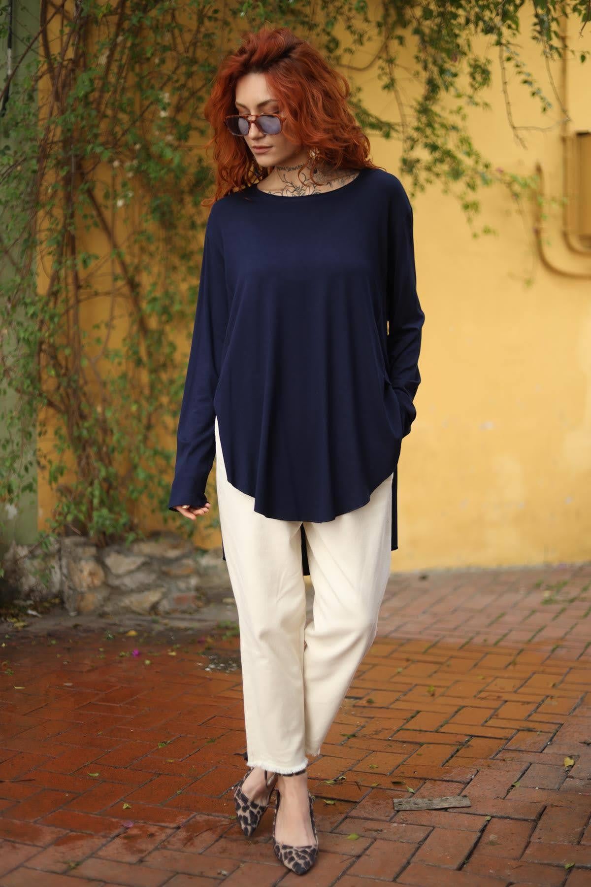 Navy Blue Crew Neck Shorter Front Tunic