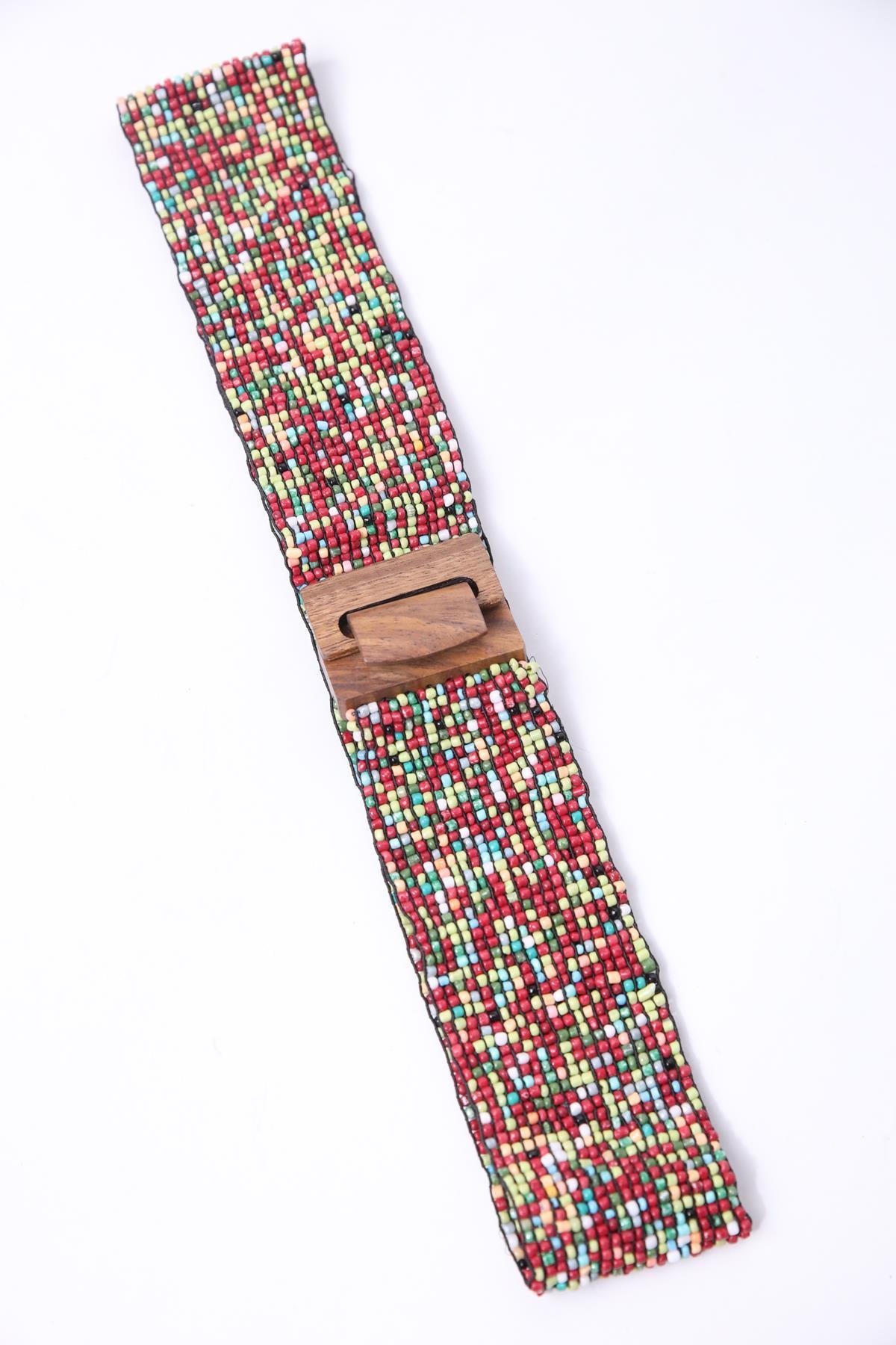 Claret Red Wooden Buckle Detailed Beaded Elastic Belt