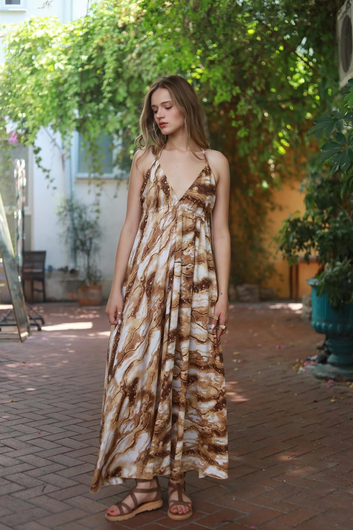 Light Brown Tied Rope Strap Backless Silk Dress