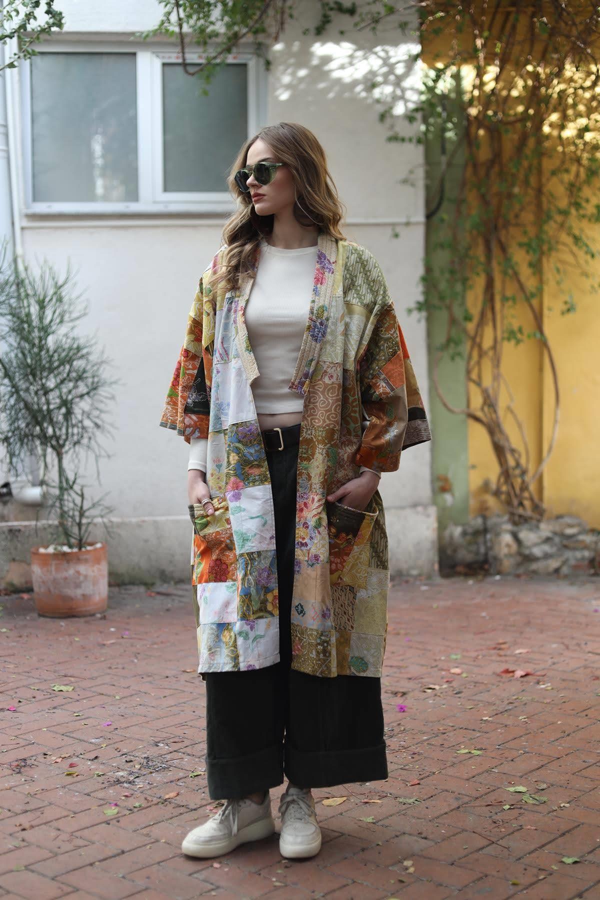 Sarı Tasarım Patchwork Kaftan