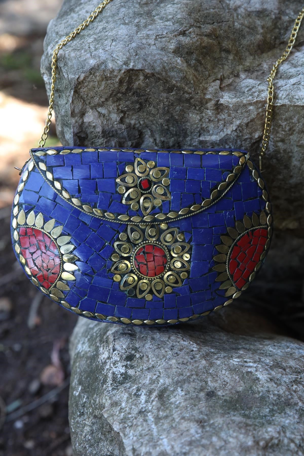 Saks Mavisi Taşlı Özel Tasarım Çanta