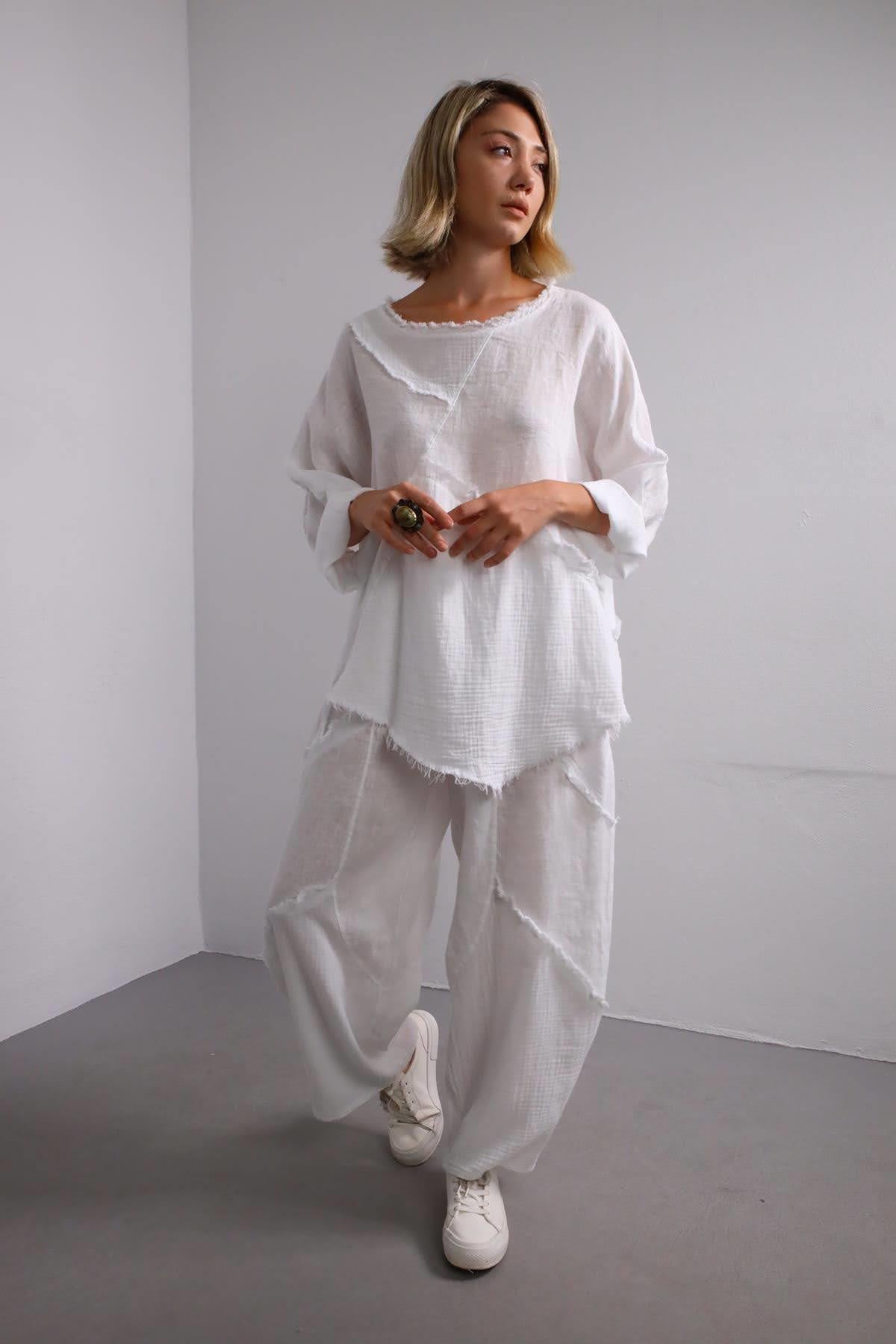 Beyaz Müslin Parçalı Keten Takım - Şaman Butik Beyaz Müslin Parçalı Keten Takım