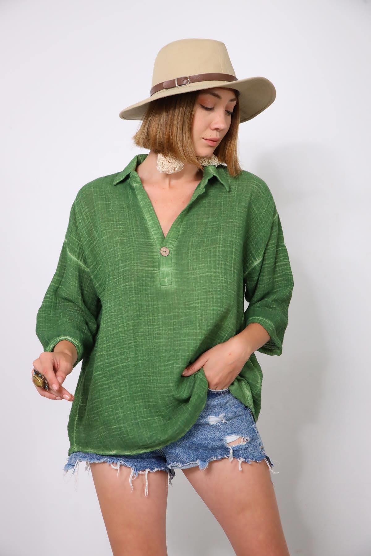  Haki Yağ Yıkama Müslin Tek Düğmeli Gömlek