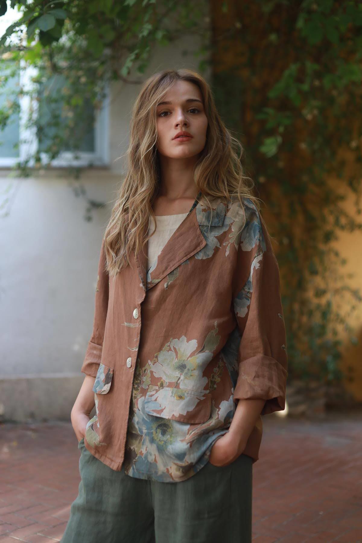 Kahverengi Çiçek Desenli Keten Ceket