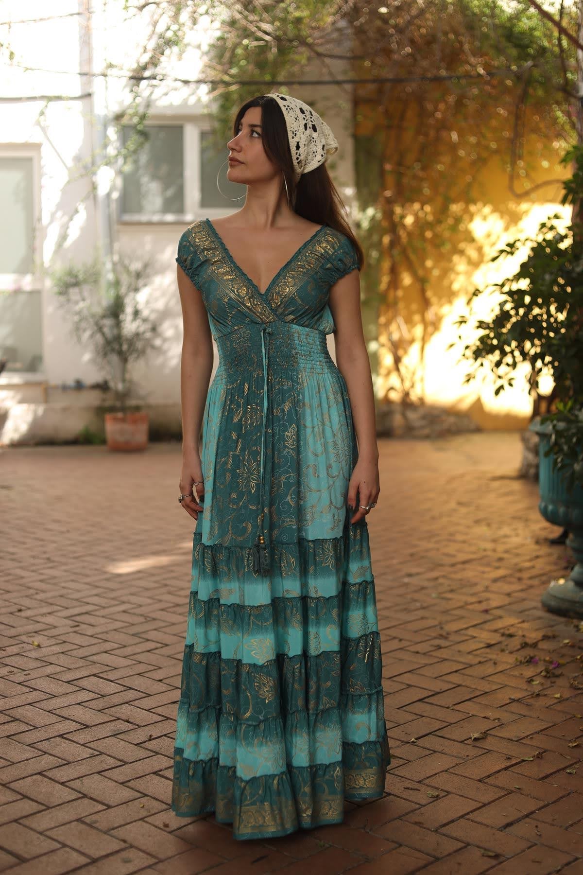 Turkuaz Karpuz Kol Püsküllü Gipeli İpek Elbise