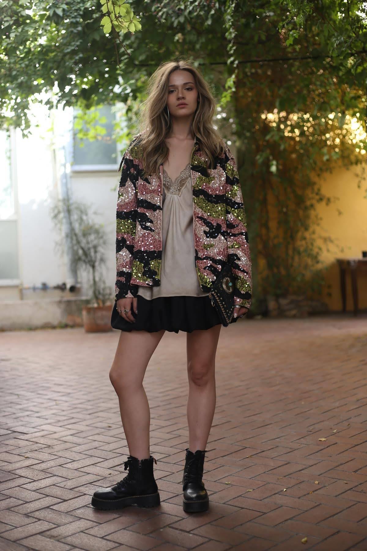 Light Pink Sequined Camouflage Pattern Jacket