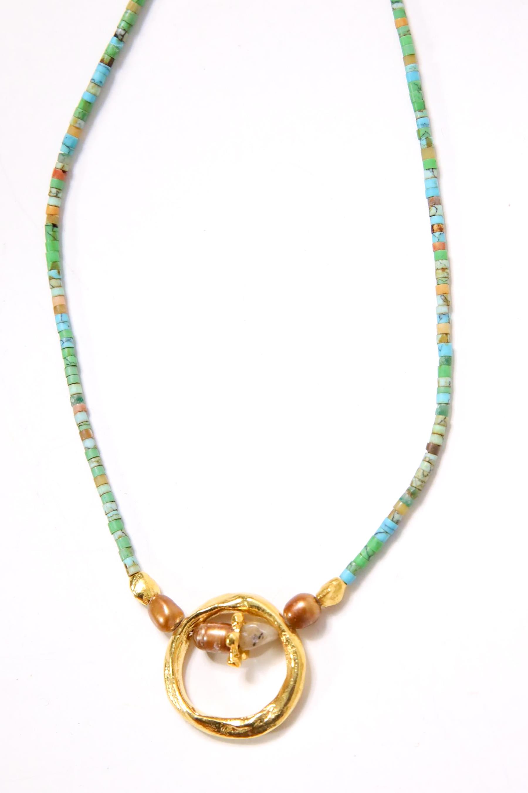 Turkuaz Taşlı El Yapımı Bronz Halka Kolye - Şaman Butik Turkuaz Taşlı El Yapımı Bronz Halka Kolye