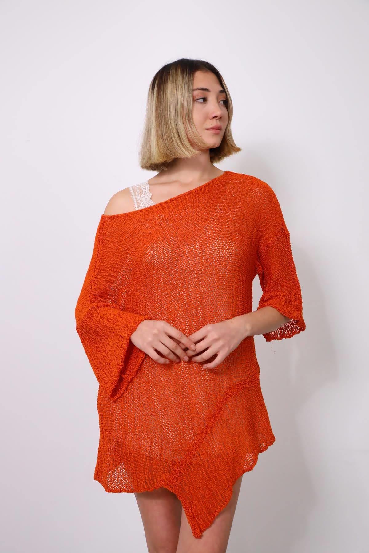 Turuncu Altı Parçalı Merserize Bluz - Şaman Butik - Bohem Giyim ve Aksesuar | Kadın & Erkek Turuncu Altı Parçalı Merserize Bluz